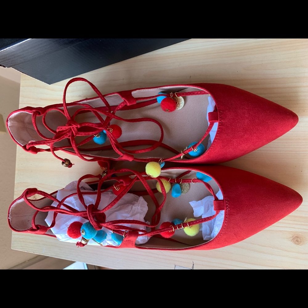 Red Faux Suede Lace-up flats with Pom Poms - Picture 2 of 7